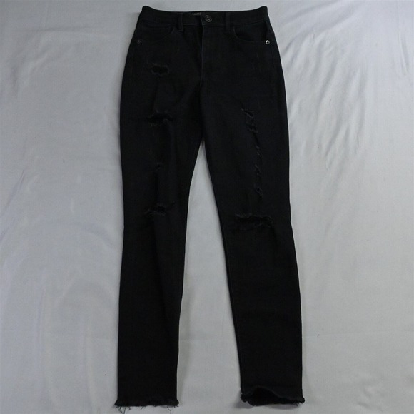 Express 00 Ankle Legging Raw Hem Black Destroyed Stretch Denim Womens‎ Jeans - Picture 1 of 7